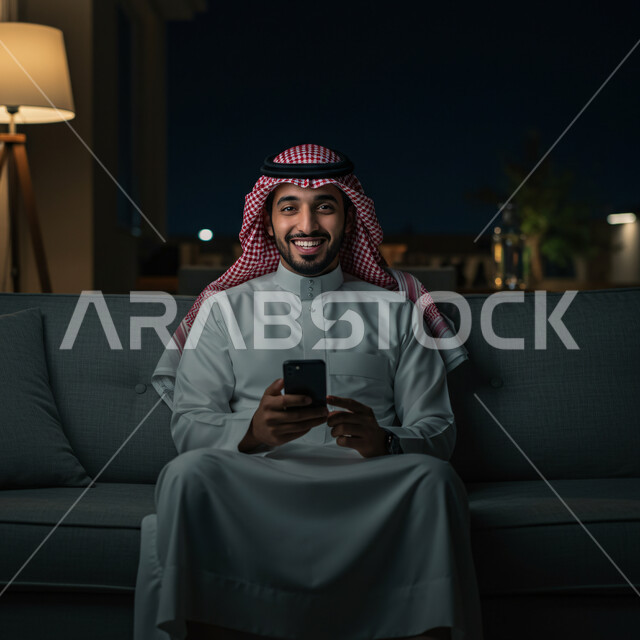 ايماءات الفرح والسعادة، التواصل والدردشة مع الأصدقاء والأقارب عبر الجوال، رجل عربي خليجي سعودي يرتدي الثوب التقليدي والشماغ يجلس في غرفة المعيشة يمسك بيده الهاتف المحمول، قضاء وقت ممتع في المنزل، استخدام جهاز تقني حديث ومتطور