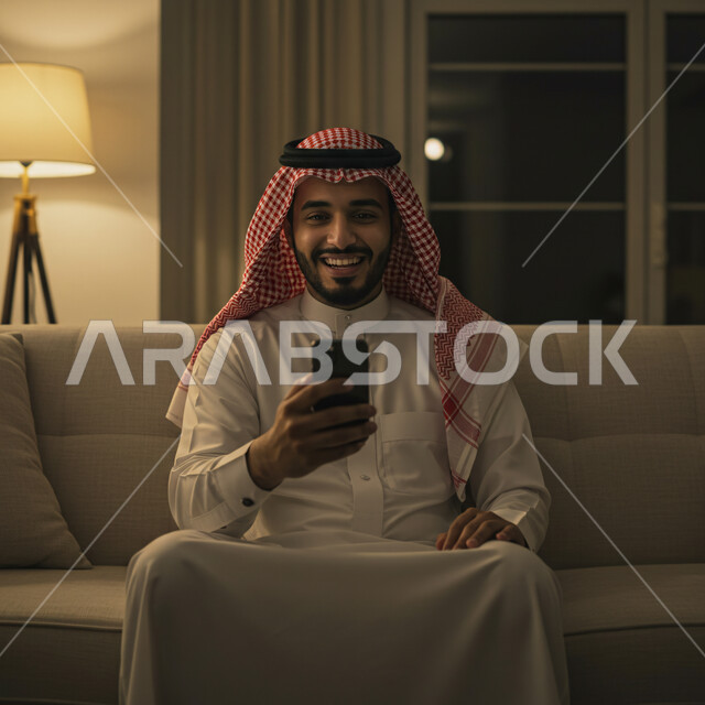 قضاء وقت ممتع في المنزل، التواصل والدردشة مع الأصدقاء والأقارب عبر الجوال، ايماءات الفرح والسعادة، رجل عربي خليجي سعودي يرتدي الثوب التقليدي والشماغ يجلس في غرفة المعيشة يمسك بيده الهاتف المحمول، استخدام جهاز تقني حديث ومتطور