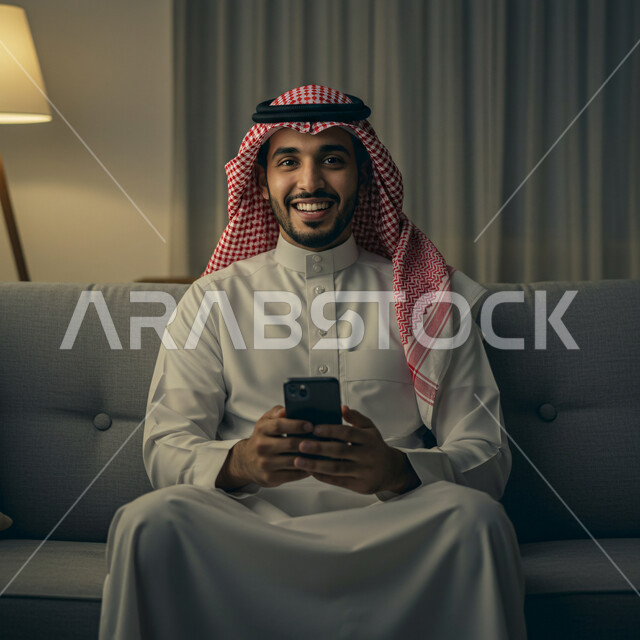Chatting with friends and relatives via mobile, gestures of joy and happiness, a Saudi Arabian Gulf man wearing traditional thobe and shemagh sitting in the living room holding a mobile phone in his hand, having a good time at home, using a modern and advanced technical device