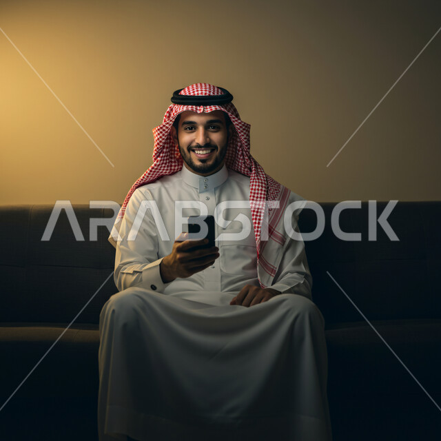 التواصل والدردشة مع الأصدقاء والأقارب عبر الجوال، ايماءات الفرح والسعادة، رجل عربي خليجي سعودي يرتدي الثوب التقليدي والشماغ يجلس في غرفة المعيشة يمسك بيده الهاتف المحمول، قضاء وقت ممتع في المنزل، استخدام جهاز تقني حديث ومتطور