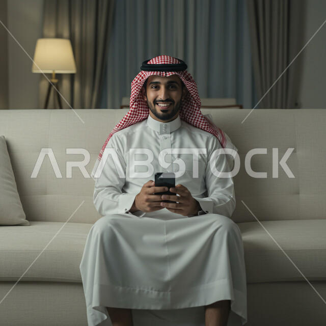 ايماءات الفرح والسعادة، التواصل والدردشة مع الأصدقاء والأقارب عبر الجوال، رجل عربي خليجي سعودي يرتدي الثوب التقليدي والشماغ يجلس في غرفة المعيشة يمسك بيده الهاتف المحمول، قضاء وقت ممتع في المنزل، استخدام جهاز تقني حديث ومتطور