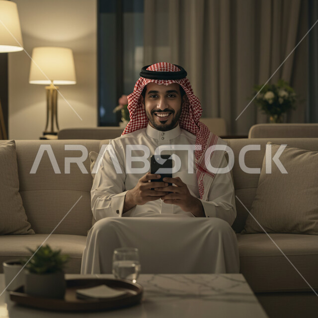 النظر الى الكاميرا بايماءات الفرح والسعادة، التواصل والدردشة مع الأصدقاء والأقارب عبر الجوال، رجل عربي خليجي سعودي يرتدي الثوب التقليدي والشماغ يجلس في غرفة المعيشة يمسك بيده الهاتف المحمول، قضاء وقت ممتع في المنزل، استخدام جهاز تقني حديث ومتطور