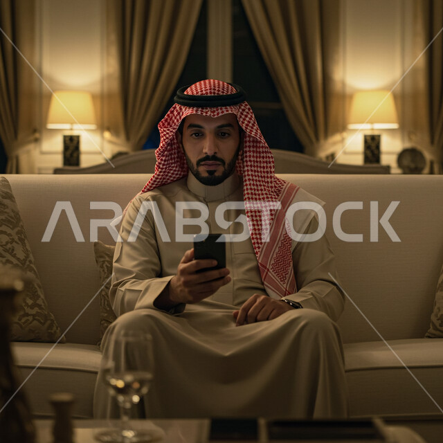 استخدام جهاز تقني حديث ومتطور، قضاء وقت ممتع في المنزل، التواصل والدردشة مع الأصدقاء والأقارب عبر الجوال، رجل عربي خليجي سعودي يرتدي الثوب التقليدي والشماغ يجلس في غرفة المعيشة يمسك بيده الهاتف المحمول