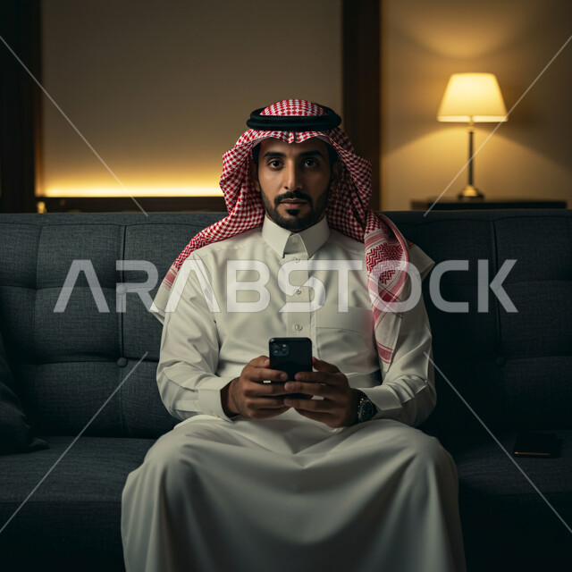 التواصل والدردشة مع الأصدقاء والأقارب عبر الجوال، قضاء وقت ممتع في المنزل، استخدام جهاز تقني حديث ومتطور، رجل عربي خليجي سعودي يرتدي الثوب التقليدي والشماغ يجلس في غرفة المعيشة يمسك بيده الهاتف المحمول