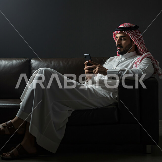 Having a good time at home, using a modern and advanced technical device, communicating and chatting with friends and relatives via mobile phone, a Saudi Arabian Gulf man wearing a traditional thobe and shemagh sitting in the living room holding a mobile phone in his hand