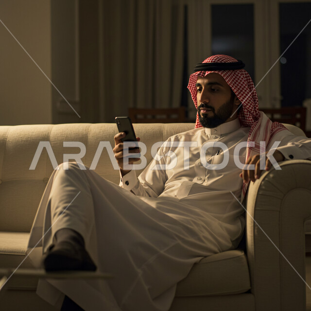 Using a modern and advanced technical device, spending a good time at home, communicating and chatting with friends and relatives via mobile phone, a Saudi Arabian Gulf man wearing a traditional thobe and shemagh sitting in the living room holding a mobile phone in his hand