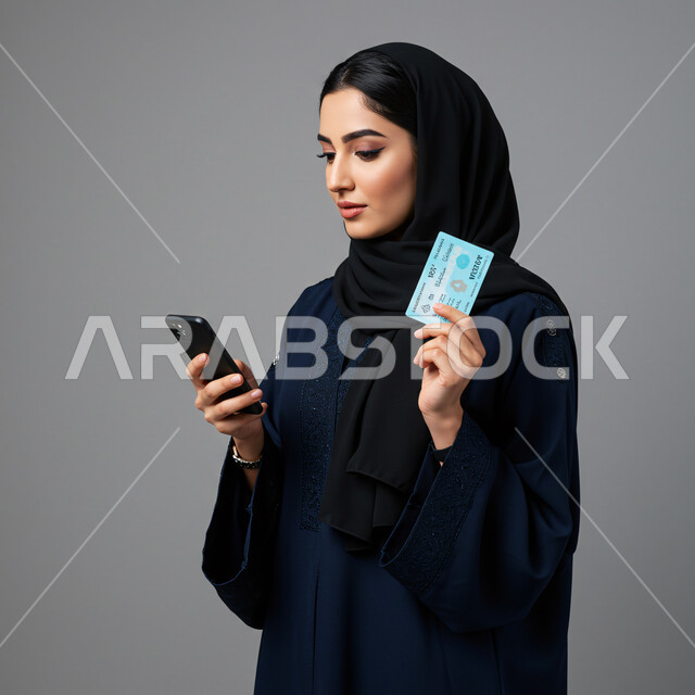 مفهوم التسوق الالكتروني, استخدام جهاز تقني حديث، شراء المنتجات والدفع عن بعد, بورتريه مقرب لامرأة عربية خليجية سعودية محجبة مبتسمة ترتدي العباءة تحمل بيدها الهاتف المحمول و بطاقة الائتمان البنكية, خلفية رمادية