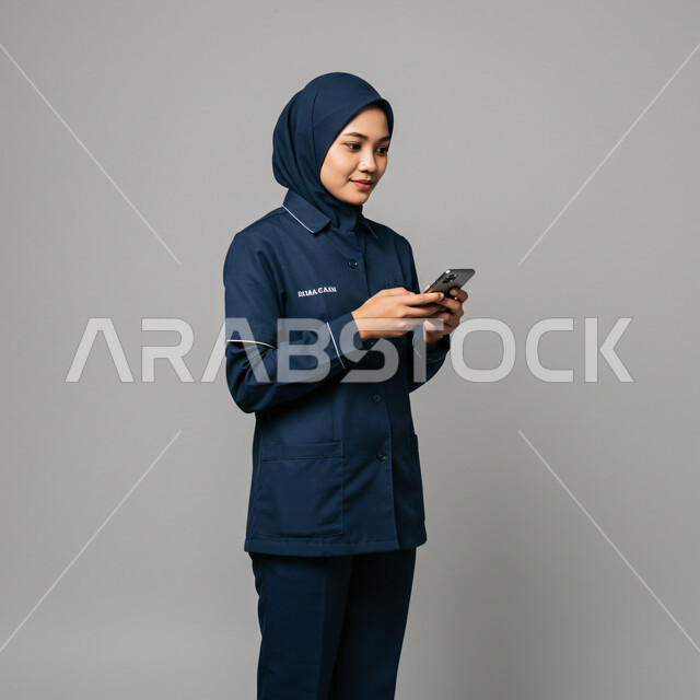 الدردشة مع الأصدقاء والأقارب عبر الجوال، تصفح مواقع التواصل الاجتماعي، استقطاب العاملات من الخارج، استخدام جهاز تقني حديث ومتطور، بورتريه لعاملة اجنبية ترتدي اليونيفورم تمسك بيدها الهاتف المحمول، خلفية رمادية