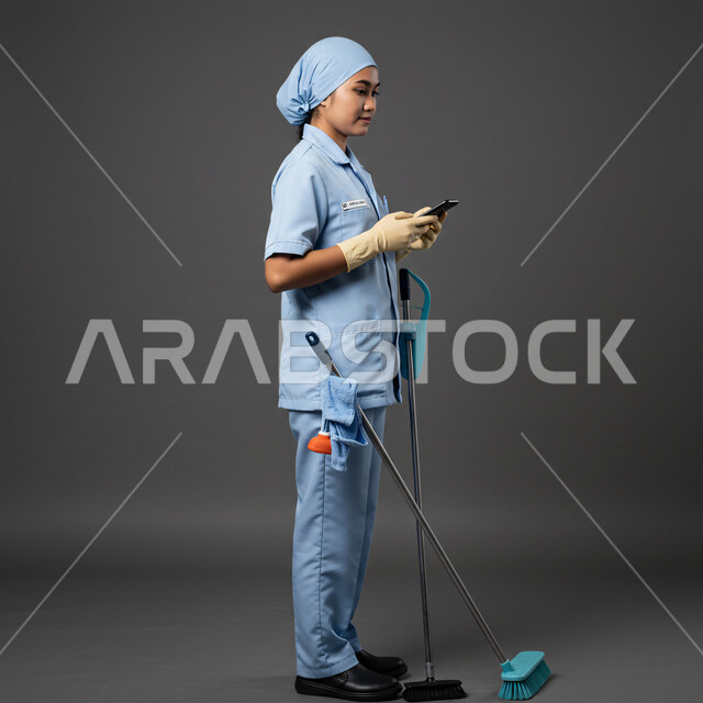 Chatting with friends and relatives via mobile phone, recruiting female workers from abroad, browsing social networking sites, using a modern and advanced technical device, side portrait of a foreign worker wearing a uniform holding a mobile phone and cleaning tools in her hand, full body photo, gray background