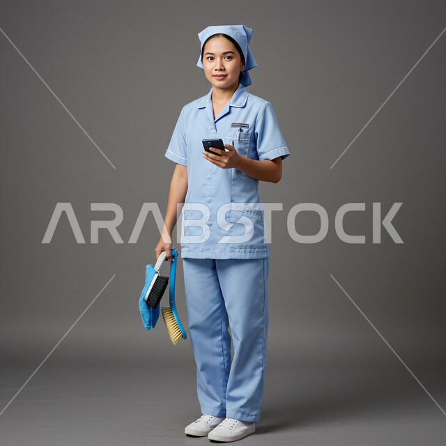 استقطاب العاملات من الخارج، الدردشة مع الأصدقاء والأقارب عبر الجوال، تصفح مواقع التواصل الاجتماعي، استخدام جهاز تقني حديث ومتطور، بورتريه لعاملة اجنبية ترتدي اليونيفورم تمسك بيدها الهاتف المحمول ادوات التنظيف، صورة لكامل الجسم، خلفية رمادية