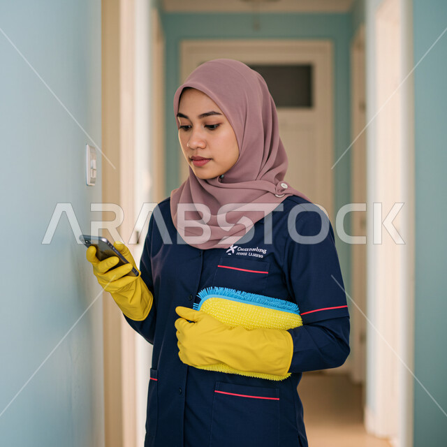 الدردشة مع الأصدقاء والأقارب عبر الجوال، استقطاب العاملات من الخارج، تصفح مواقع التواصل الاجتماعي، استخدام جهاز تقني حديث ومتطور، صورة مقربة لعاملة اجنبية ترتدي اليونيفورم تمسك بيدها الهاتف المحمول وادوات التنظيف