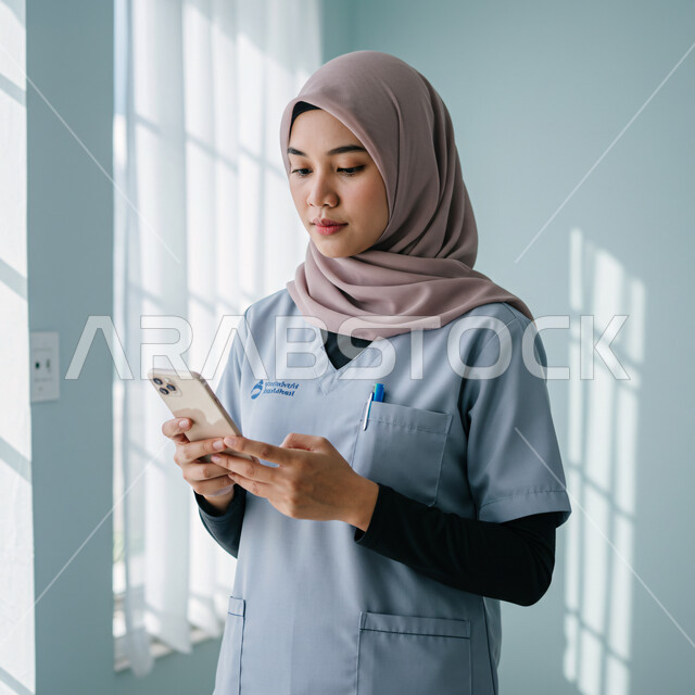 استخدام جهاز تقني حديث ومتطور، تصفح مواقع التواصل الاجتماعي، الدردشة مع الأصدقاء والأقارب عبر الجوال، استقطاب العاملات من الخارج، صورة مقربة لعاملة اجنبية ترتدي اليونيفورم تمسك بيدها الهاتف المحمول