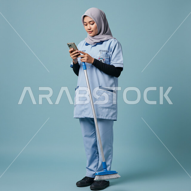 Attracting female workers from abroad, chatting with friends and relatives via mobile, browsing social networking sites, using a modern and advanced technical device, portrait of a foreign female worker wearing a uniform holding a mobile phone and cleaning tools in her hand, a full body photo, blue background