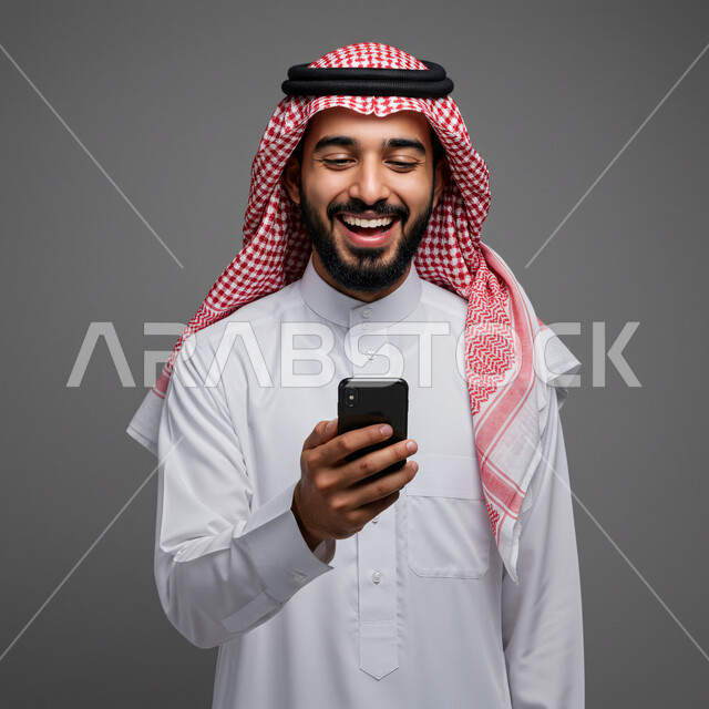الدردشة مع الأصدقاء والأقارب عبر الجوال، تصفح مواقع التواصل الاجتماعي، استخدام جهاز تقني حديث ومتطور، بورتريهمقرب لرجل عربي خليجي سعودي يرتدي الثوب التقليدي والشماغ يمسك بيده الهاتف المحمول، خلفية رمادية