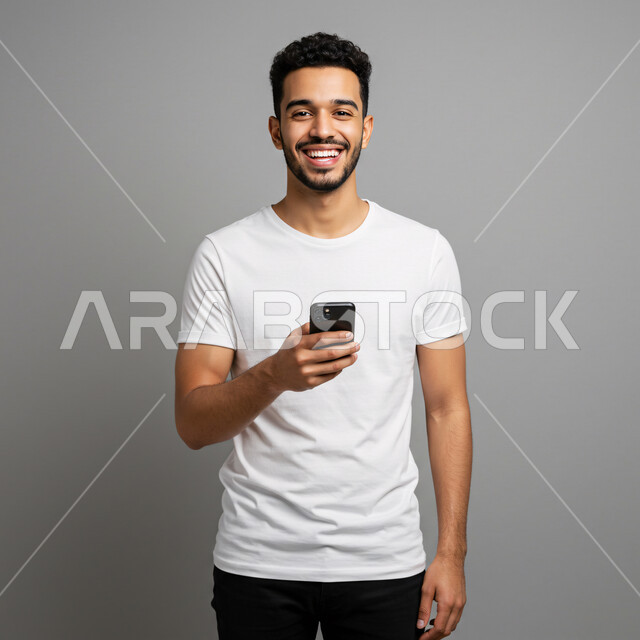 تصفح مواقع التواصل الاجتماعي، استخدام جهاز تقني حديث ومتطور، الدردشة مع الأصدقاء والأقارب عبر الجوال، بورتريه لرجل عربي خليجي سعودي يرتدي الزي الكاجوال يمسك بيده الهاتف المحمول، خلفية رمادية