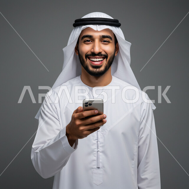 استخدام جهاز تقني حديث ومتطور، الدردشة مع الأصدقاء والأقارب عبر الجوال، تصفح مواقع التواصل الاجتماعي، بورتريه مقرب لرجل عربي خليجي اماراتي يرتدي الكندورة والغترة يمسك بيده الهاتف المحمول، خلفية رمادية