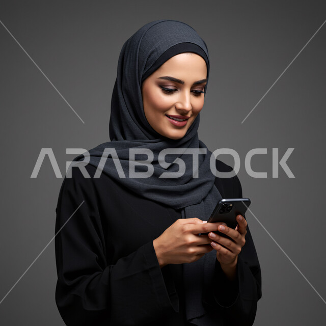 استخدام جهاز تقني حديث ومتطور، تصفح مواقع التواصل الاجتماعي، الدردشة مع الأصدقاء والأقارب عبر الجوال، بورتريه مقرب لامرأة عربية خليجية سعودية محجبة ترتدي العباءة تمسك بيدها الهاتف المحمول، خلفية رمادية