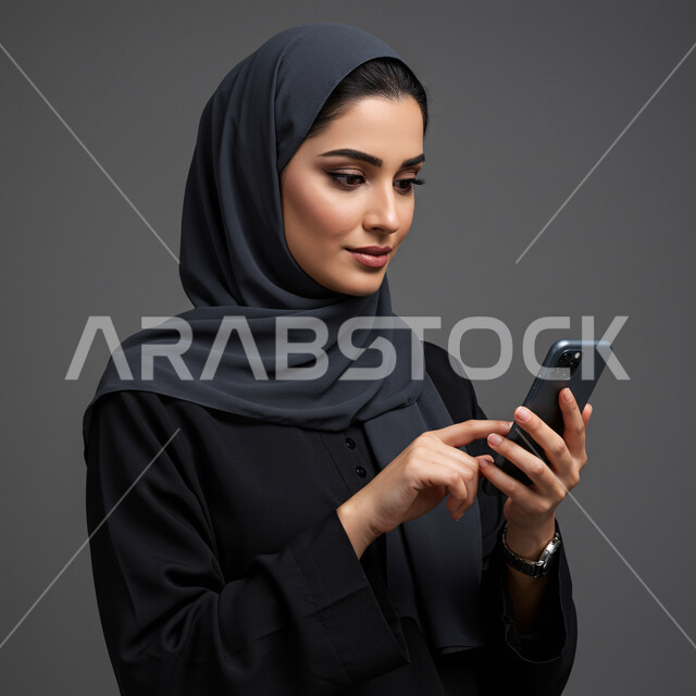Browsing social networking sites, using a modern and advanced technical device, chatting with friends and relatives via mobile, close-up portrait of a veiled Saudi Arabian Gulf woman wearing an abaya holding a mobile phone in her hand, gray background