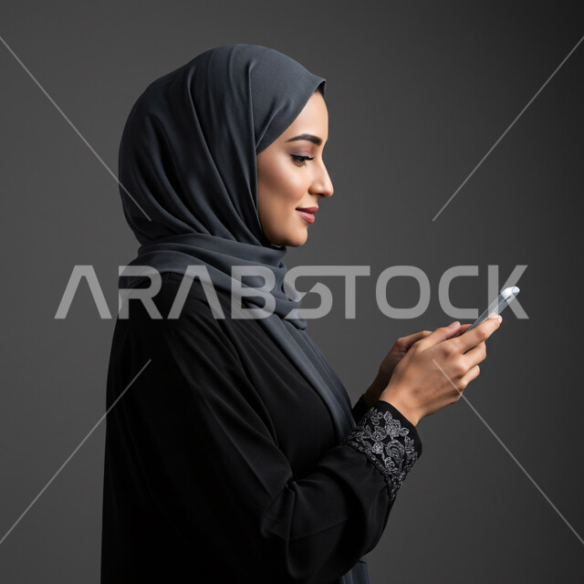 الدردشة مع الأصدقاء والأقارب عبر الجوال، استخدام جهاز تقني حديث ومتطور، تصفح مواقع التواصل الاجتماعي، بورتريه مقرب من الجانب لامرأة عربية خليجية سعودية محجبة ترتدي العباءة تمسك بيدها الهاتف المحمول، خلفية رمادية