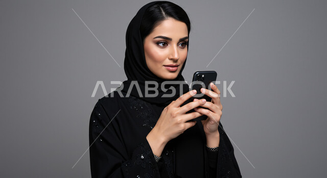 استخدام جهاز تقني حديث ومتطور، تصفح مواقع التواصل الاجتماعي، الدردشة مع الأصدقاء والأقارب عبر الجوال، بورتريه مقرب لامرأة عربية خليجية سعودية محجبة ترتدي العباءة تمسك بيدها الهاتف المحمول، خلفية رمادية