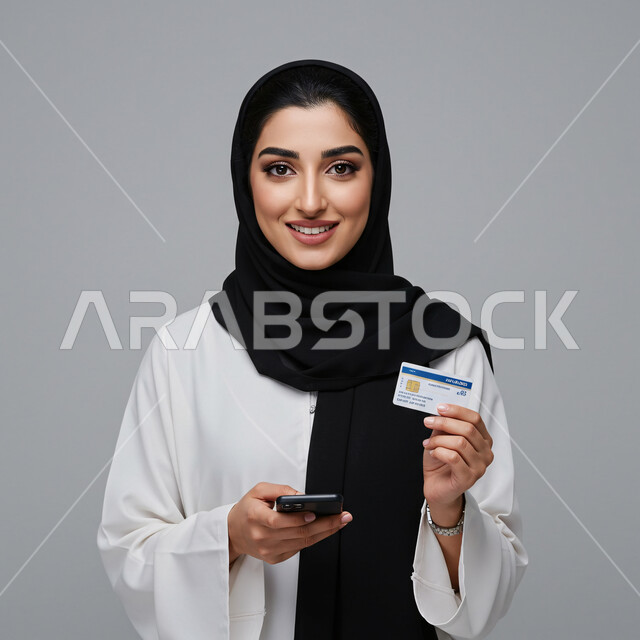 Buying products and paying remotely, using a modern technical device, the concept of e-shopping, close-up portrait of a smiling veiled Saudi Arabian Gulf woman wearing an abaya holding a mobile phone and a bank credit card, gray background