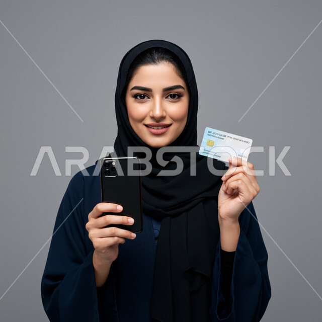 E-shopping concept, using modern technical device, purchasing products and paying remotely, close-up portrait of a smiling veiled Saudi Arabian Gulf woman wearing an abaya holding a mobile phone and a bank credit card, gray background