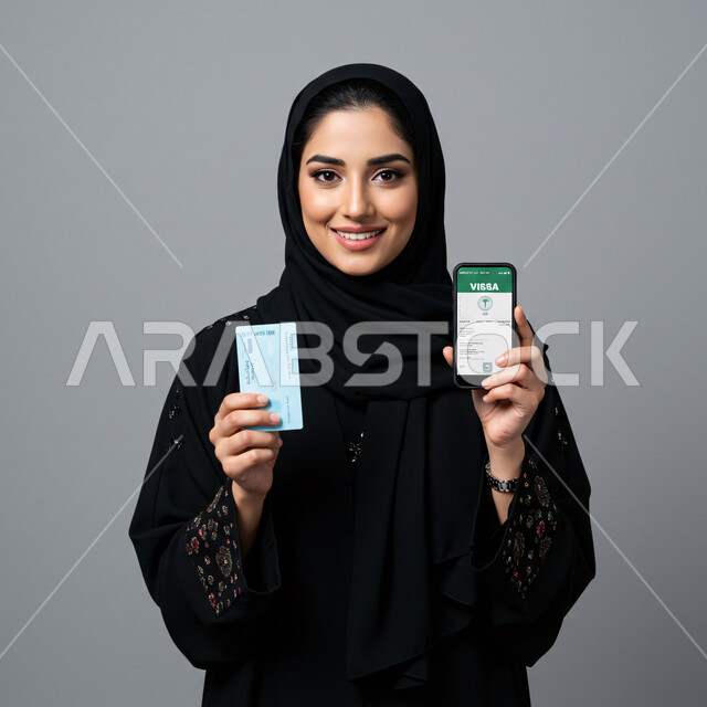 عرض شاشة الجوال، شراء المنتجات والدفع عن بعد, استخدام جهاز تقني حديث، مفهوم التسوق الالكتروني, بورتريه مقرب لامرأة عربية خليجية سعودية محجبة مبتسمة ترتدي العباءة تحمل بيدها الهاتف المحمول و بطاقة الائتمان البنكية, خلفية رمادية