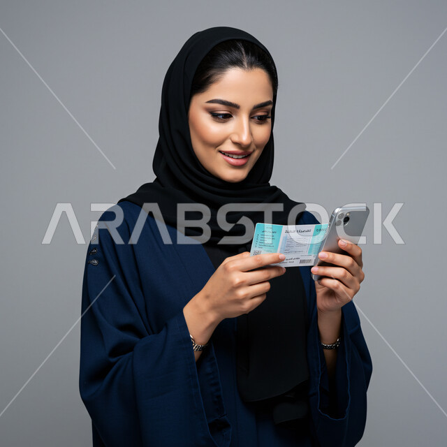 تثبيت الحجز اونلاين عبر تطبيقات وبرامج الجوال، مفهوم السياحة والقيام بجولة ترفيهية، الاستعداد لقضاء رحلة صيفية ممتعة، بورتريه مقرب لامرأة عربية خليجية سعودية محجبة تحمل بيدها تأشيرة السفر تقوم باستخدام الهاتف المحمول، خلفية رمادية