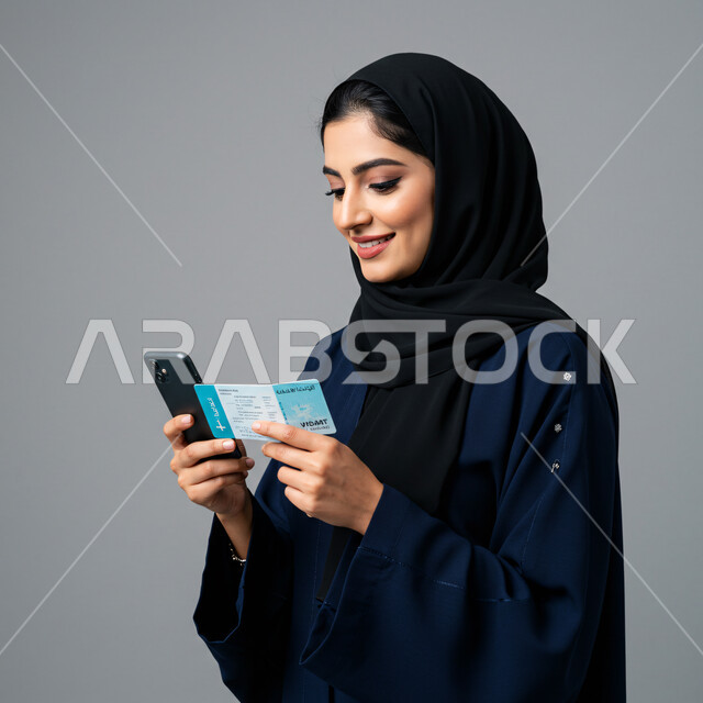 مفهوم السياحة والقيام بجولة ترفيهية، تثبيت الحجز اونلاين عبر تطبيقات وبرامج الجوال، الاستعداد لقضاء رحلة صيفية ممتعة، بورتريه مقرب لامرأة عربية خليجية سعودية محجبة تحمل بيدها تأشيرة السفر تقوم باستخدام الهاتف المحمول، خلفية رمادية