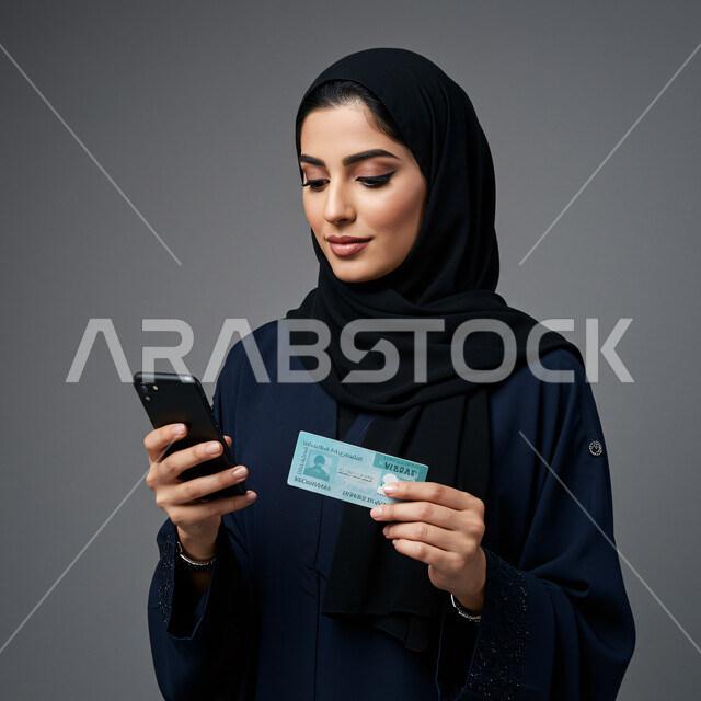 الاستعداد لقضاء رحلة صيفية ممتعة، مفهوم السياحة والقيام بجولة ترفيهية، تثبيت الحجز اونلاين عبر تطبيقات وبرامج الجوال، بورتريه مقرب لامرأة عربية خليجية سعودية محجبة تحمل بيدها تأشيرة السفر تقوم باستخدام الهاتف المحمول، خلفية رمادية