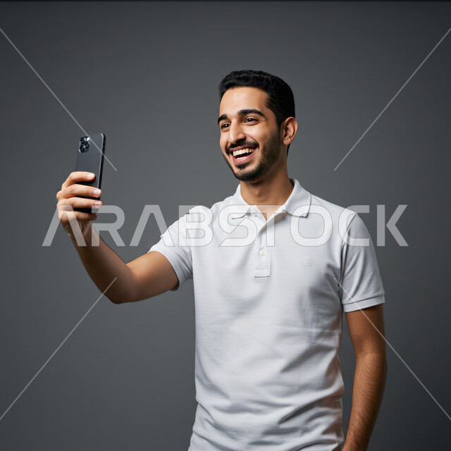 Using a modern and advanced technical device, taking a souvenir selfie, chatting with friends and relatives via mobile, close-up portrait of a smiling Saudi Arabian Gulf man in casual clothes making a video call via mobile phone, gray background