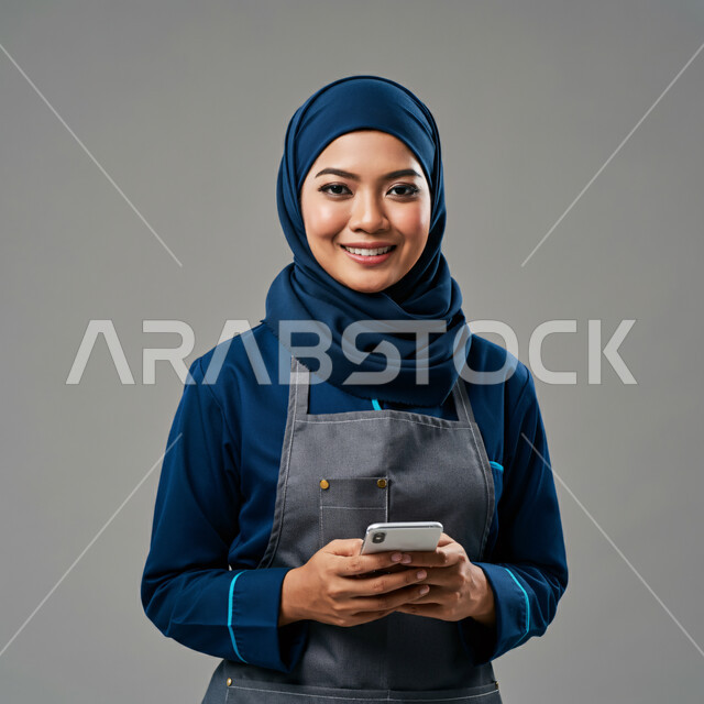 النظر الى الكاميرا بايماءات السرور، استقطاب العاملات من الخارج، الدردشة مع الأصدقاء والأقارب عبر الجوال، تصفح مواقع التواصل الاجتماعي، استخدام جهاز تقني حديث ومتطور، بورتريه مقرب لعاملة اجنبية محجبة ترتدي اليونيفورم تمسك بيدها الهاتف المحمول، خلفية رمادية