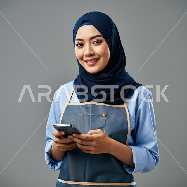 استقطاب العاملات من الخارج، ايماءات السرور والسعادة، الدردشة مع الأصدقاء والأقارب عبر الجوال، تصفح مواقع التواصل الاجتماعي، استخدام جهاز تقني حديث ومتطور، بورتريه مقرب لعاملة اجنبية محجبة ترتدي اليونيفورم تمسك بيدها الهاتف المحمول، خلفية رمادية