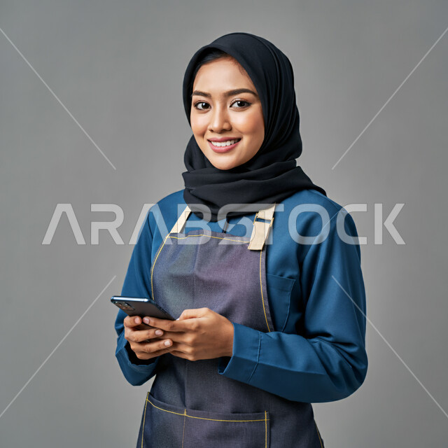 ايماءات السرور والسعادة، استقطاب العاملات من الخارج، الدردشة مع الأصدقاء والأقارب عبر الجوال، تصفح مواقع التواصل الاجتماعي، استخدام جهاز تقني حديث ومتطور، بورتريه مقرب لعاملة اجنبية محجبة ترتدي اليونيفورم تمسك بيدها الهاتف المحمول، خلفية رمادية