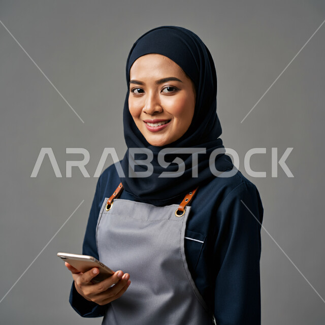 Using a modern and advanced technical device, browsing social networking sites, attracting female workers from abroad, gestures of pleasure and happiness, chatting with friends and relatives via mobile phone, close-up portrait of a foreign female worker wearing a uniform holding a mobile phone in her hand, gray background