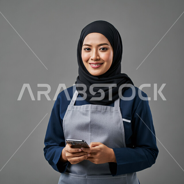 تصفح مواقع التواصل الاجتماعي، استقطاب العاملات من الخارج، ايماءات السرور والسعادة، الدردشة مع الأصدقاء والأقارب عبر الجوال، استخدام جهاز تقني حديث ومتطور، بورتريه مقرب لعاملة اجنبية محجبة ترتدي اليونيفورم تمسك بيدها الهاتف المحمول، خلفية رمادية