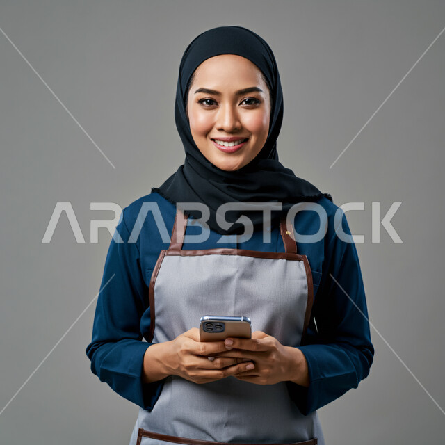 استقطاب العاملات من الخارج، ايماءات السرور والسعادة، الدردشة مع الأصدقاء والأقارب عبر الجوال، تصفح مواقع التواصل الاجتماعي، استخدام جهاز تقني حديث ومتطور، بورتريه مقرب لعاملة اجنبية محجبة ترتدي اليونيفورم تمسك بيدها الهاتف المحمول، خلفية رمادية