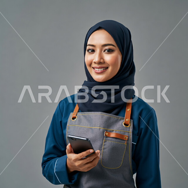 ايماءات السرور والسعادة، استقطاب العاملات من الخارج، الدردشة مع الأصدقاء والأقارب عبر الجوال، تصفح مواقع التواصل الاجتماعي، استخدام جهاز تقني حديث ومتطور، بورتريه مقرب لعاملة اجنبية محجبة ترتدي اليونيفورم تمسك بيدها الهاتف المحمول، خلفية رمادية