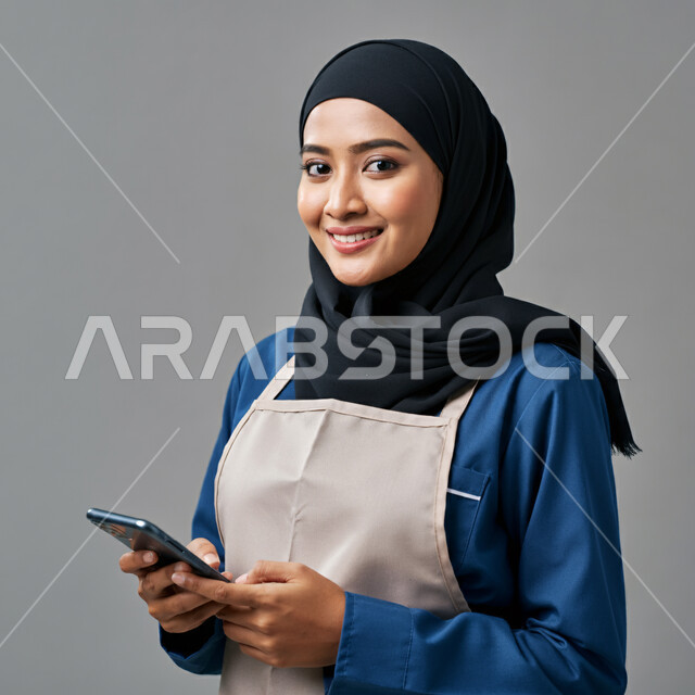 النظر الى الكاميرا بايماءات السرور، استقطاب العاملات من الخارج، الدردشة مع الأصدقاء والأقارب عبر الجوال، تصفح مواقع التواصل الاجتماعي، استخدام جهاز تقني حديث ومتطور، بورتريه مقرب لعاملة اجنبية محجبة ترتدي اليونيفورم تمسك بيدها الهاتف المحمول، خلفية رمادية