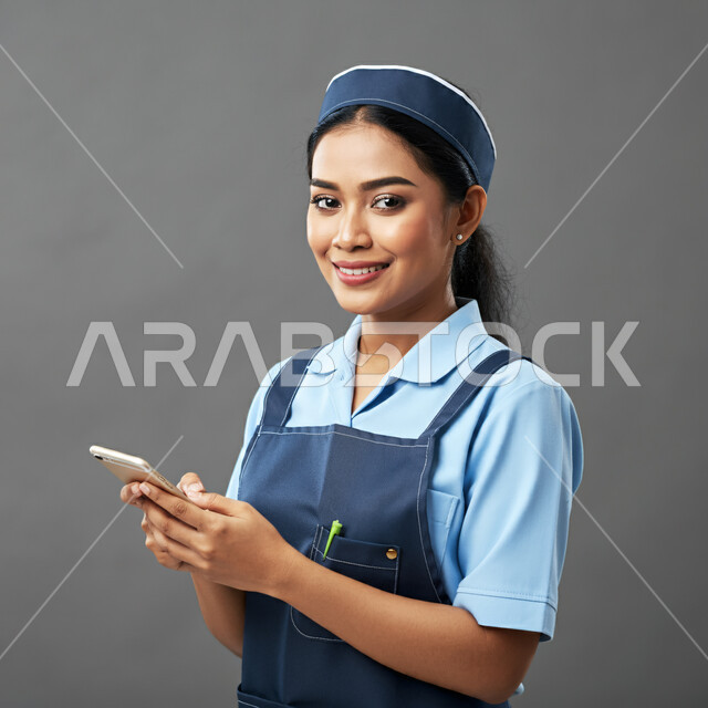 استخدام جهاز تقني حديث ومتطور، تصفح مواقع التواصل الاجتماعي، استقطاب العاملات من الخارج، ايماءات السرور والسعادة، الدردشة مع الأصدقاء والأقارب عبر الجوال، بورتريه مقرب لعاملة اجنبية ترتدي اليونيفورم تمسك بيدها الهاتف المحمول، خلفية رمادية
