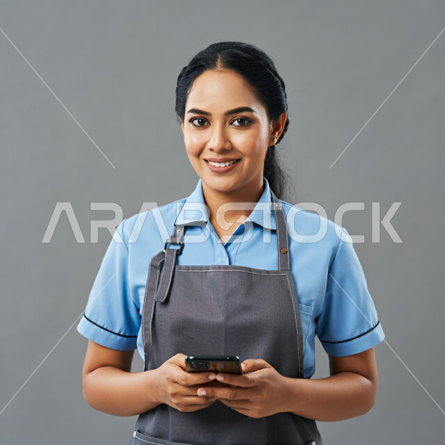 الدردشة مع الأصدقاء والأقارب عبر الجوال، استخدام جهاز تقني حديث ومتطور، تصفح مواقع التواصل الاجتماعي، استقطاب العاملات من الخارج، ايماءات السرور والسعادة، بورتريه مقرب لعاملة اجنبية ترتدي اليونيفورم تمسك بيدها الهاتف المحمول، خلفية رمادية