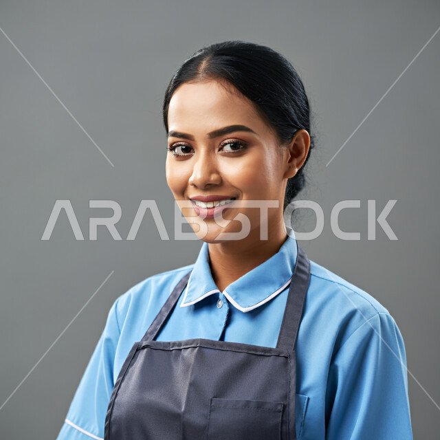 استقطاب العاملات الأجنبيات من الخارج، الاهتمام بالأعمال المنزلية الروتينية، مهنة ووظيفة نسائية، بورتريه مقرب لخادمة اجنبية ترتدي اليونيفورم الخاص بالعمل تحمل ادوات التنظيف تنظر الى الكاميرا بايماءات السرور والسعادة، خلفية رمادية