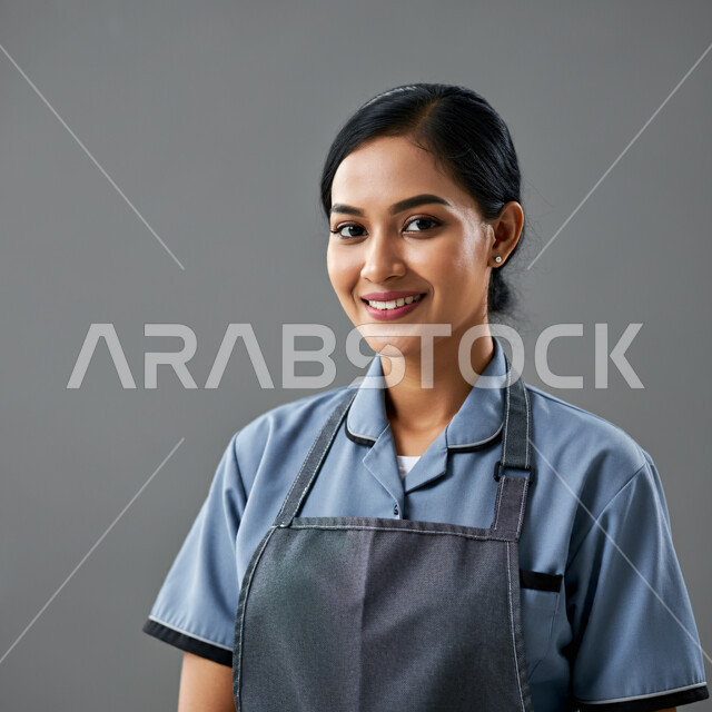 الاهتمام بالأعمال المنزلية الروتينية، مهنة ووظيفة نسائية، بورتريه مقرب لخادمة اجنبية ترتدي اليونيفورم الخاص بالعمل تحمل ادوات التنظيف تنظر الى الكاميرا بايماءات السرور والسعادة، استقطاب العاملات الأجنبيات من الخارج، خلفية رمادية