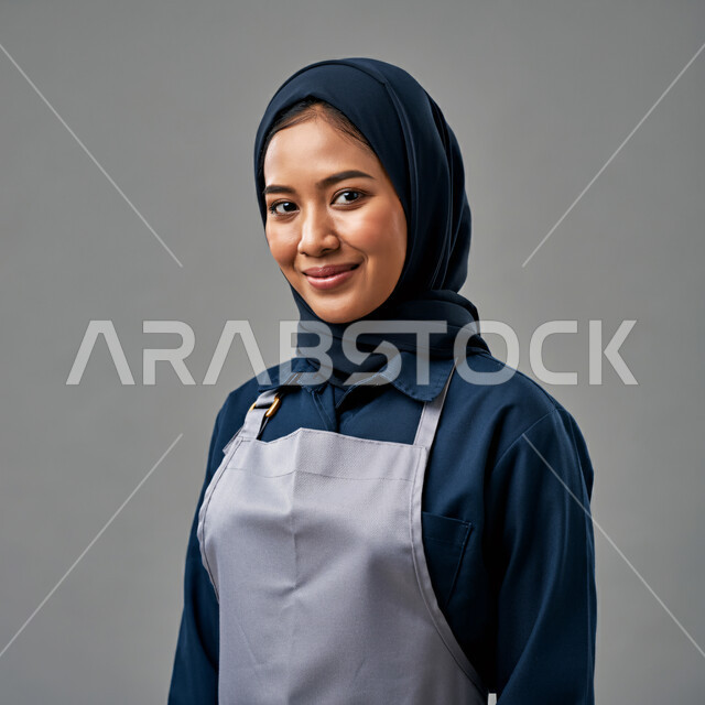 Female profession and job, taking care of routine housework, close-up portrait of a veiled foreign maid wearing a work uniform holding cleaning tools looking at the camera with gestures of pleasure and happiness, attracting foreign workers from abroad, gray background