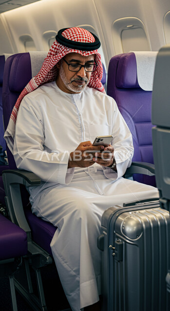 رحلات جوية سياحية، تصفح الانترنت ومواقع التواصل الاجتماعي، الدردشة مع الأهل والأصدقاء عبر الموبايل, رجل عربي خليجي سعودي يرتدي الثوب التقليدي والشماغ يجلس في الطائرة بجانب حقيبة السفر يحمل بيده الهاتف المحمول، خطوط الطيران السعودية