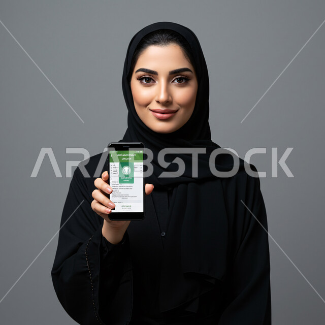 استخدام جهاز تقني حديث ومتطور، النظر الى الكاميرا بايماءات السعادة والسرور، الاستفادة من خدمات وتطبيقات الموبايل، بورتريه مقرب لإمرأة عربية خليجية سعودية محجبة مبتسمة ترتدي العباءة تقوم بعرض شاشة الهاتف المحمول، خلفية بيضاء