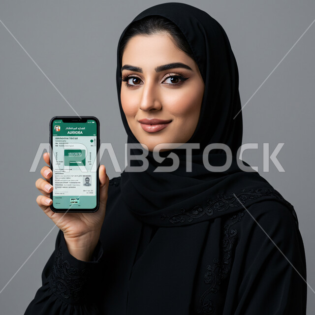 الاستفادة من خدمات وتطبيقات الموبايل، النظر الى الكاميرا بايماءات السعادة والسرور، بورتريه مقرب لإمرأة عربية خليجية سعودية محجبة مبتسمة ترتدي العباءة تقوم بعرض شاشة الهاتف المحمول، استخدام جهاز تقني حديث ومتطور، خلفية بيضاء