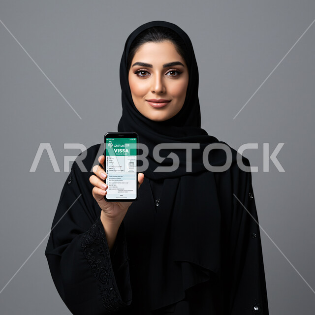 النظر الى الكاميرا بايماءات السعادة والسرور، الاستفادة من خدمات وتطبيقات الموبايل، بورتريه مقرب لإمرأة عربية خليجية سعودية محجبة مبتسمة ترتدي العباءة تقوم بعرض شاشة الهاتف المحمول، استخدام جهاز تقني حديث ومتطور، خلفية بيضاء