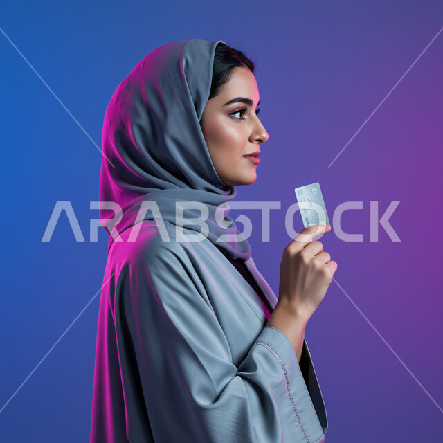 Buying products and paying remotely, looking at a place with focus gestures, e-shopping concept, close-up side portrait of a smiling veiled Saudi Arabian Gulf woman wearing an abaya holding a bank credit card, colorful background