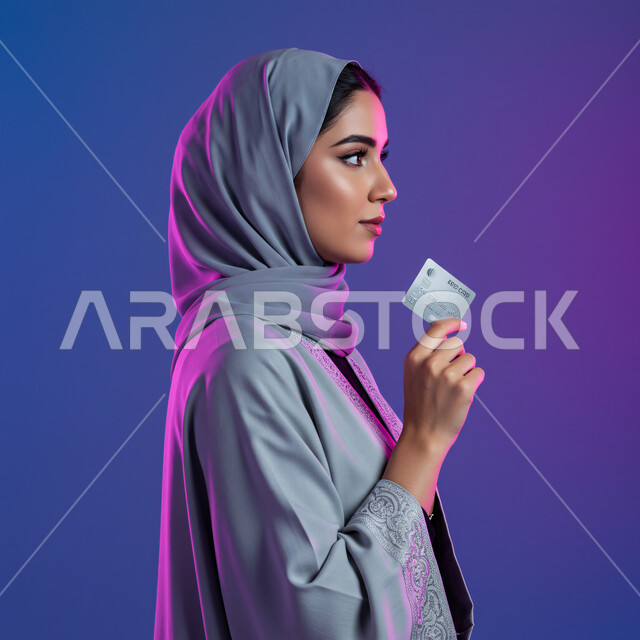 النظر الى مكان ما بايماءات التركيز، مفهوم التسوق الالكتروني, شراء المنتجات والدفع عن بعد, بورتريه مقرب من الجانب لامرأة عربية خليجية سعودية محجبة مبتسمة ترتدي العباءة تحمل بيدها بطاقة الائتمان البنكية, خلفية ملونة